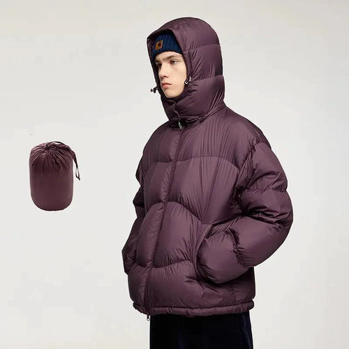 Mandotos thin and portable puff down jacket with solid color, hooded design, lightweight and cozy for cold weather.