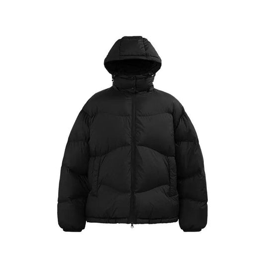 Lightweight MANDOTOS puff down jacket with a solid color hood, perfect for warmth and portability in cold weather.
