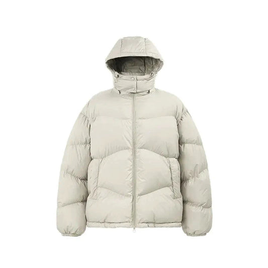 Mandotos thin and portable puff down jacket in solid color with hood, lightweight and cozy for cold weather.