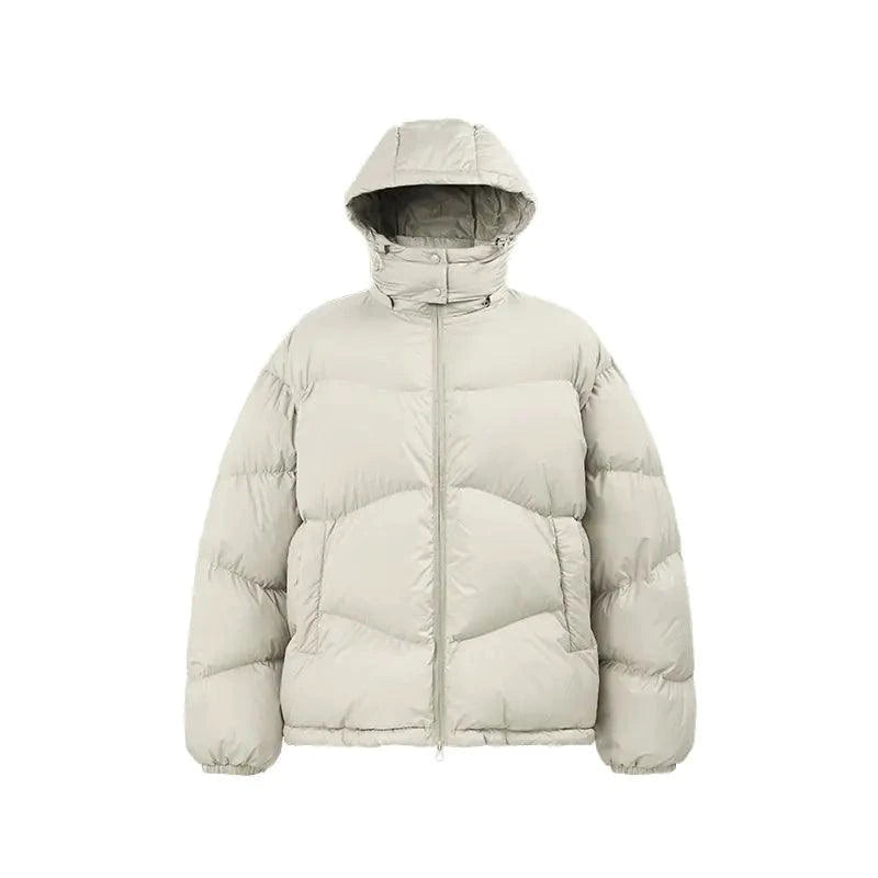 Mandotos thin, portable puff down jacket with solid color and hood, designed for lightweight warmth and comfort.