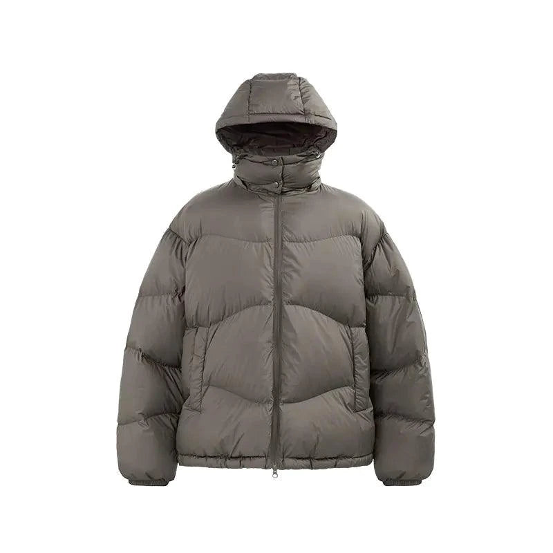 Mandotos thin and portable puff down jacket with solid color and hood, designed for lightweight warmth and easy packing.