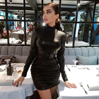 Mandotos Timeless Elegance leather dress featuring sleek design and smooth leather material, perfect for sophisticated occasions.