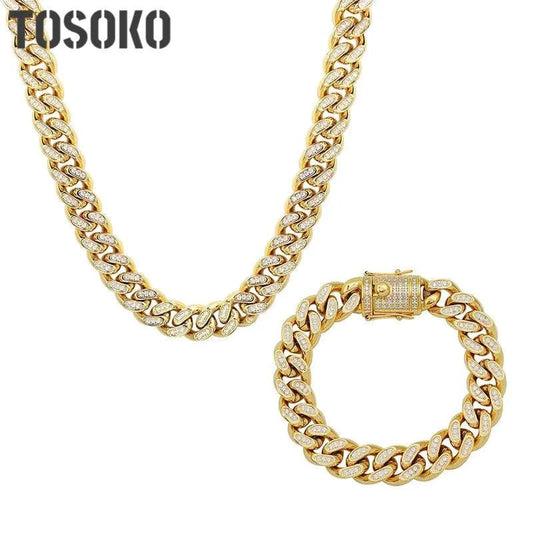Mandotos TOSOKO 18K gold plated Cuban chain set with sparkling zircon accents, showcasing a stylish jewelry ensemble.