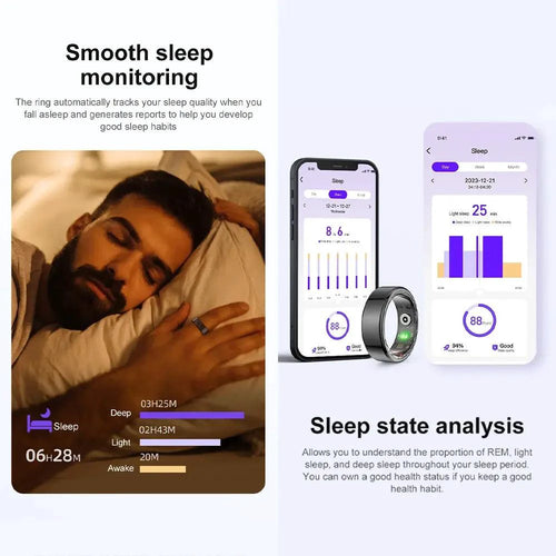 Mandotos Total Health Sync Tracker showing screen with health data and activity metrics in a sleek black design.