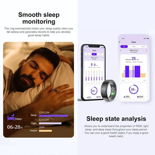 Mandotos Total Health Sync Tracker showing screen with health data and activity metrics in a sleek black design.