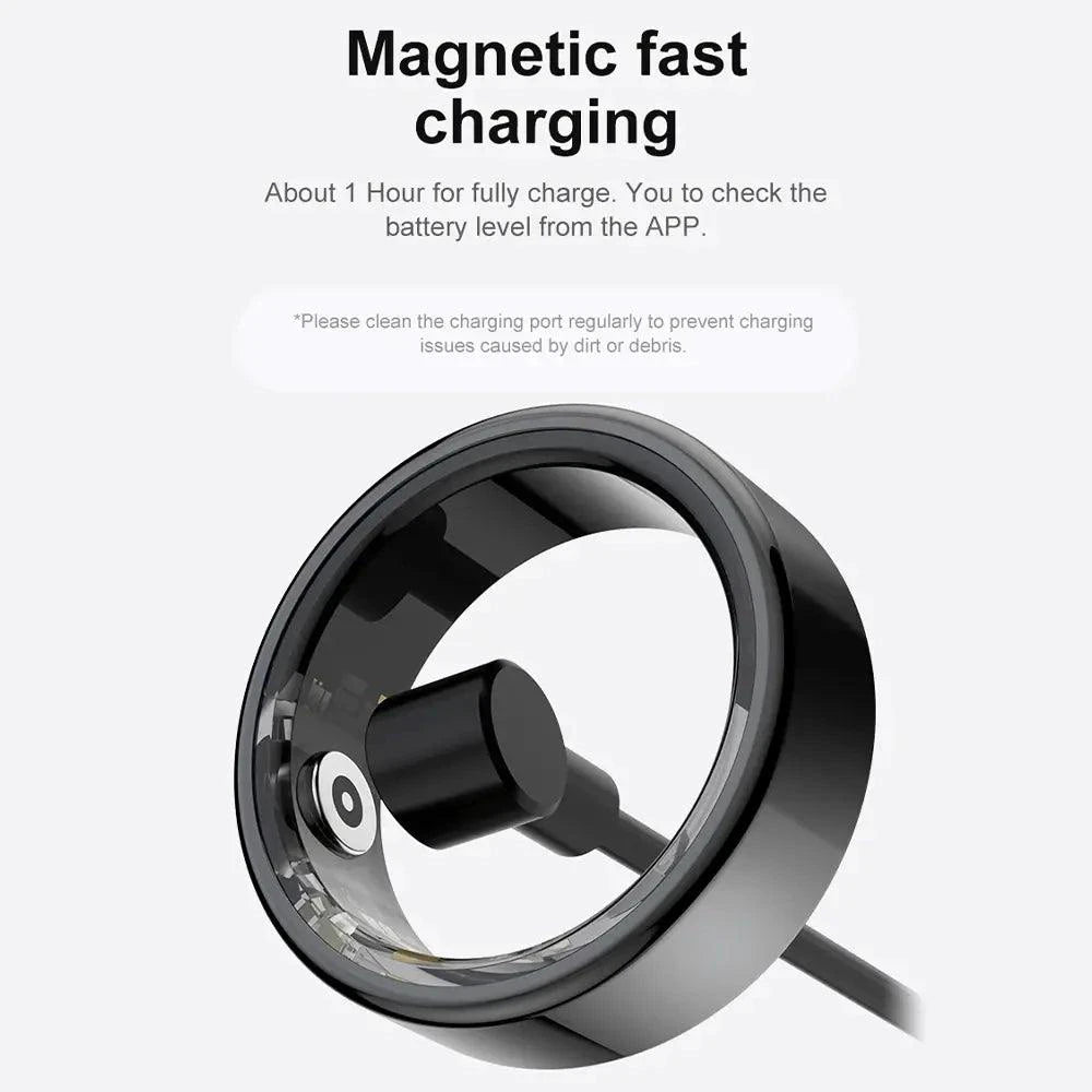 Mandotos Total Health Sync Tracker showing a digital display with health metrics on a sleek black wristband.
