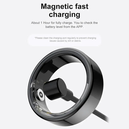 Mandotos Total Health Sync Tracker showing a digital display with health metrics on a sleek black wristband.