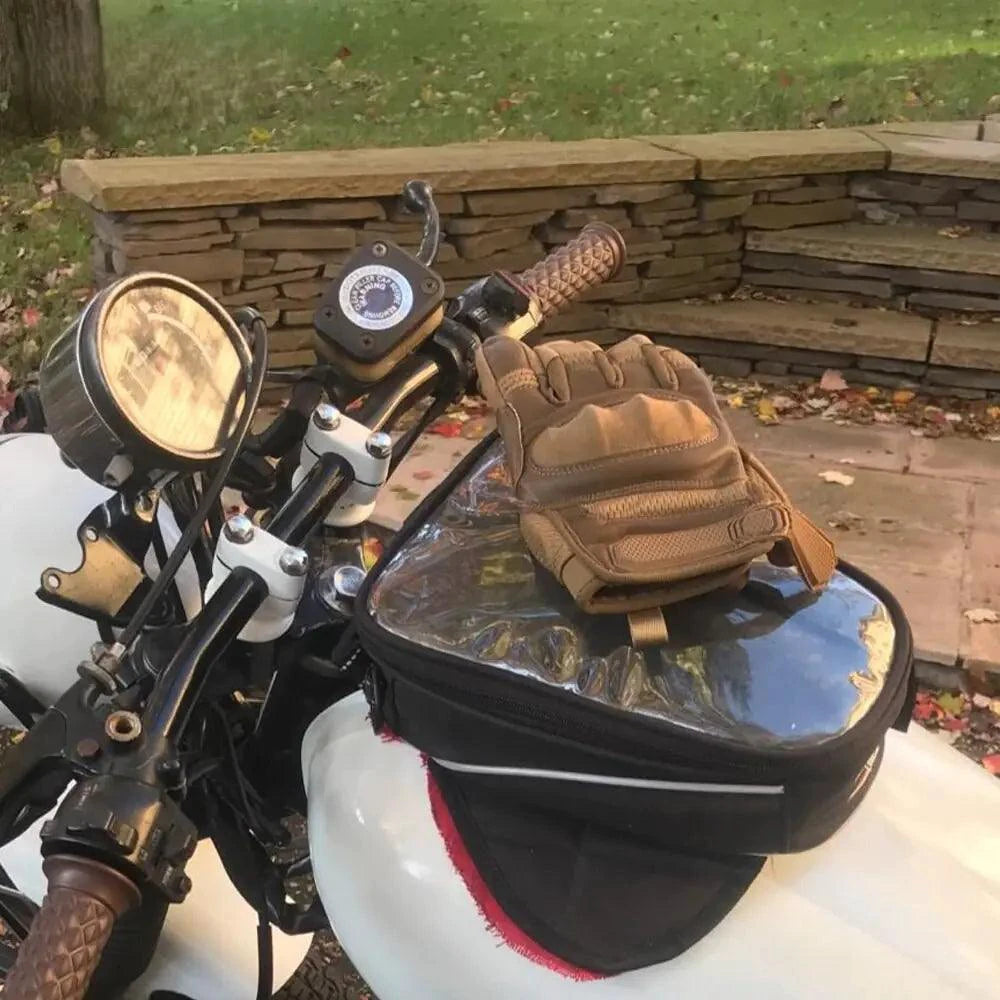 Mandotos touchscreen leather motorcycle gloves featuring reinforced palms and secure wrist closure.