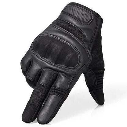 Mandotos touchscreen leather motorcycle gloves showing black leather with touchscreen fingertips and adjustable wrist strap.