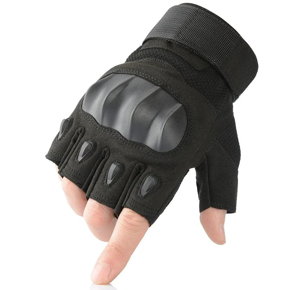 Mandotos touchscreen leather motorcycle gloves showing black leather with reinforced knuckles and touchscreen fingertips.