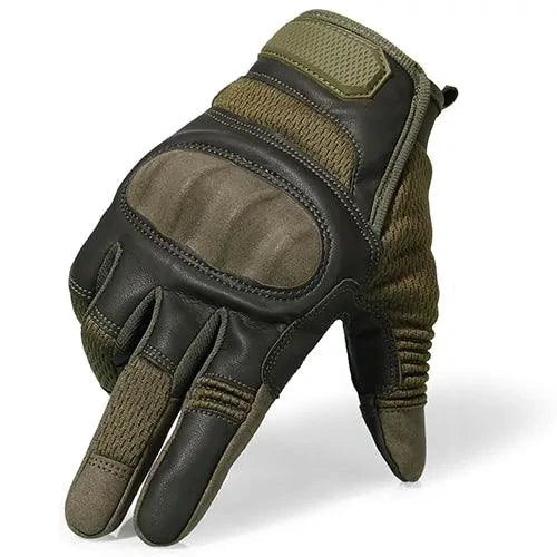 Mandotos touchscreen leather motorcycle gloves with reinforced palms and adjustable wrist straps, black color.