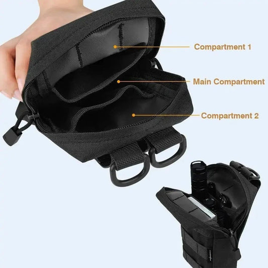 Mandotos Trail Trek waist pouch with multiple compartments and adjustable strap, designed for outdoor hiking and running.