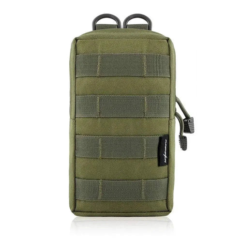 Mandotos Trail Trek waist pouch with multiple compartments, black nylon material, adjustable strap, designed for outdoor activities.