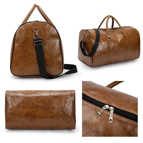 Mandotos travel bag for men and women, made of PU leather with large capacity, shoulder strap, and sporty duffle style.