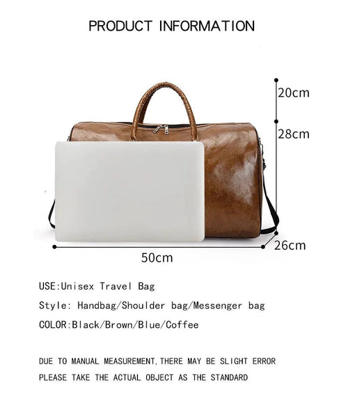 Mandotos travel bag for men and women, large capacity PU leather shoulder duffle bag with crossbody strap and sports luggage style.