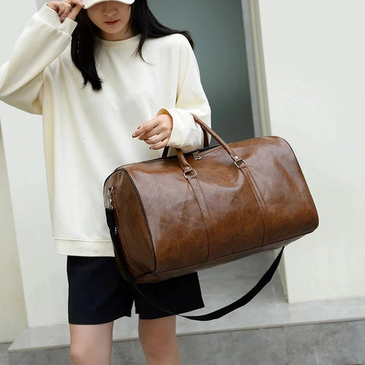 Mandotos travel bag for men and women, PU leather shoulder bag with large capacity, tote, duffle, and crossbody styles.