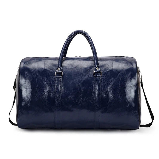Mandotos men's travel bag made of PU leather with shoulder strap, large capacity tote and duffle style, suitable for sports and luggage.