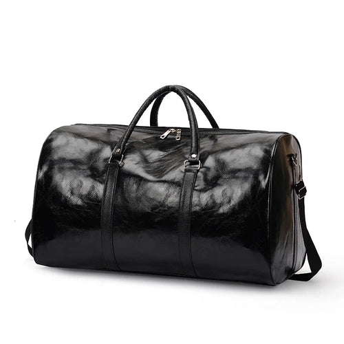 Mandotos travel bag for men and women, stylish PU leather shoulder bag with large capacity, duffle, crossbody, and sports pack features.