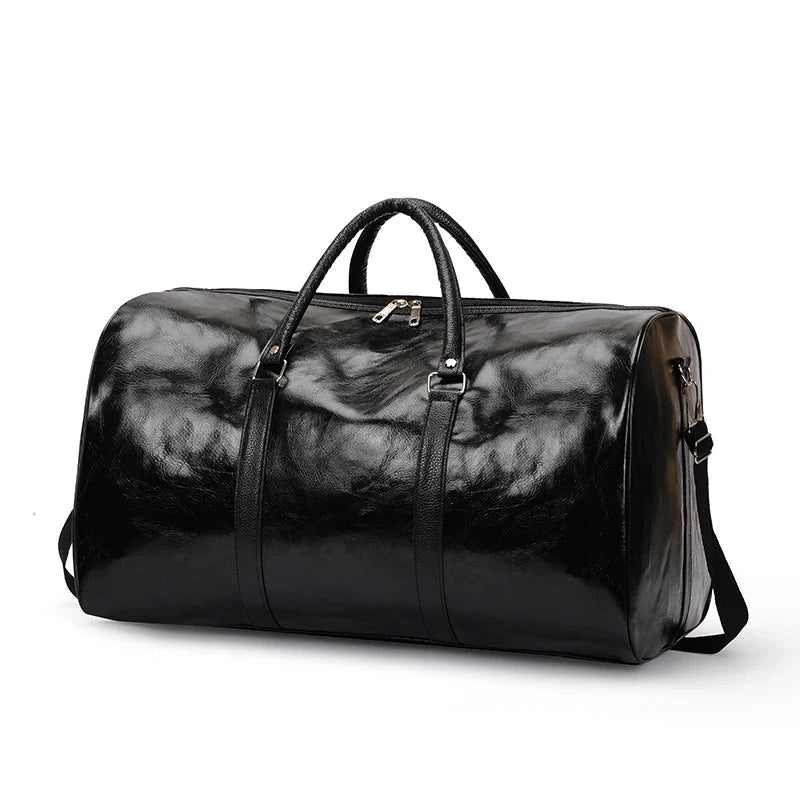 Mandotos travel bag for men and women, stylish PU leather shoulder bag with large capacity, duffle, crossbody, and sports pack features.