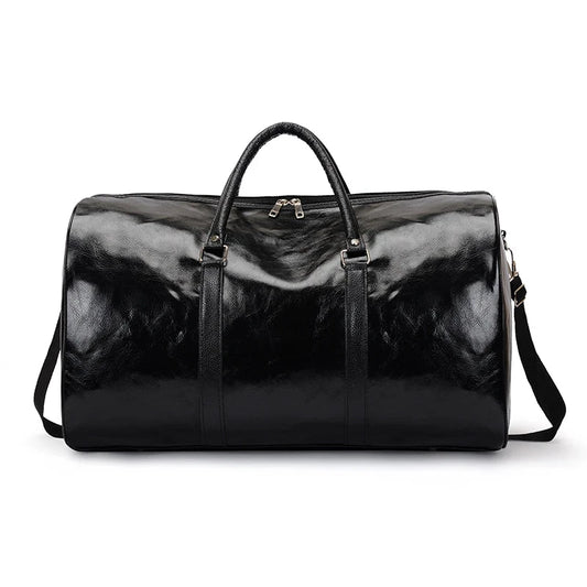 Mandotos travel bag for men and women featuring PU leather, large capacity, shoulder strap, duffle style, ideal for sports or luggage.
