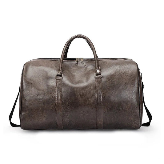 Mandotos travel bag for men and women, large capacity PU leather shoulder tote with crossbody and duffle style, suitable for sports and luggage.