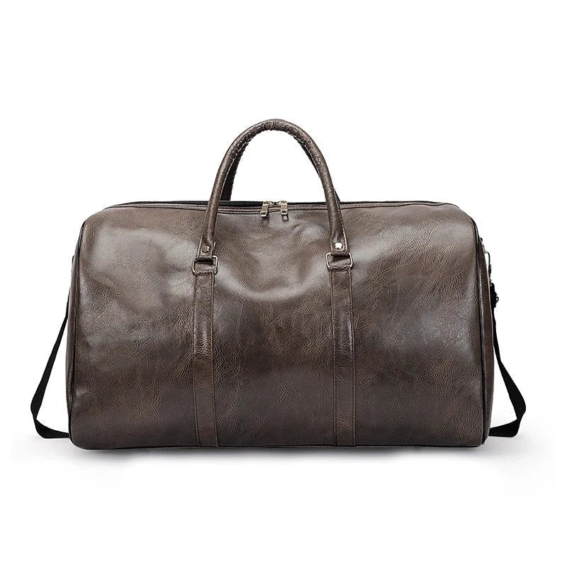Mandotos travel bag for men and women, large capacity PU leather shoulder tote with crossbody and duffle style, suitable for sports and luggage.