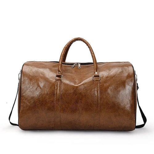 Mandotos travel bag for men and women, made of PU leather with a large capacity, shoulder strap, and versatile duffle and crossbody design.