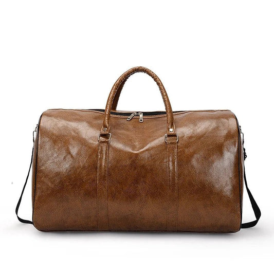 Mandotos travel bag for men and women, made of PU leather with a large capacity, shoulder strap, and versatile duffle and crossbody design.