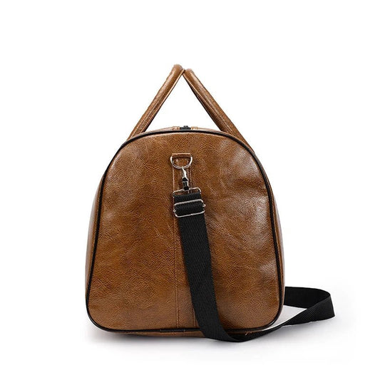 Mandotos travel bag for men and women, large capacity PU leather shoulder tote with crossbody strap and sports style.
