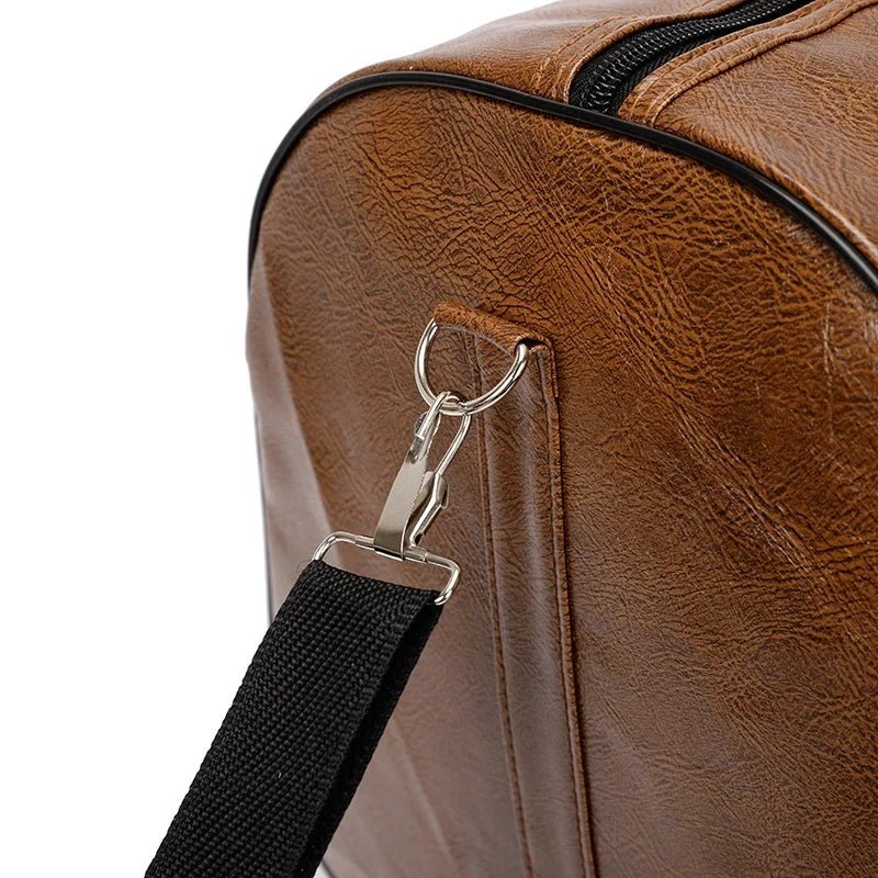 Mandotos PU leather travel bag for men and women, large capacity duffle and crossbody shoulder bag with sporty style.