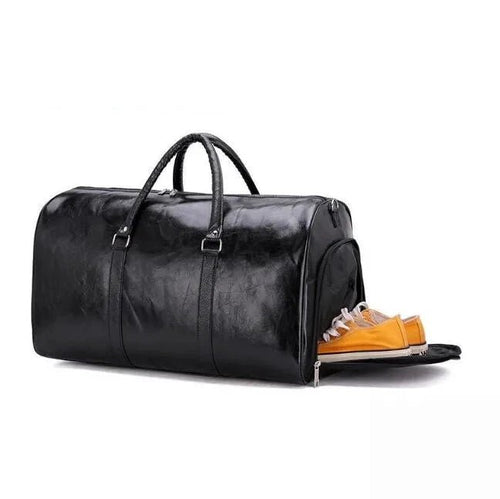 Mandotos travel bag for men and women, PU leather shoulder bag with large capacity, duffle style, crossbody strap, sports and luggage design.