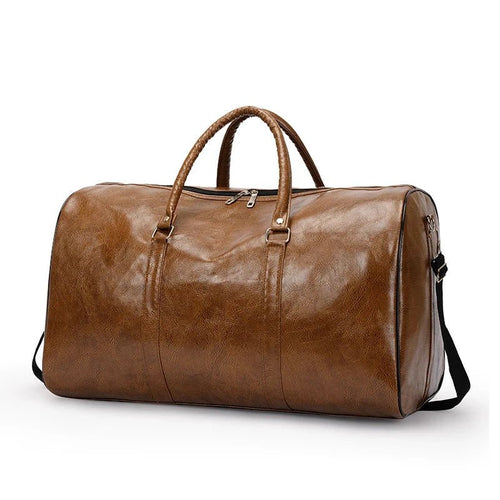 Mandotos men's travel bag in PU leather with large capacity, shoulder strap, and stylish design for women and men.