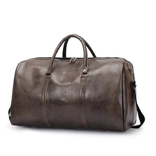 Mandotos travel bag for men and women featuring PU leather, large capacity, duffle style, shoulder strap, and sports luggage design.