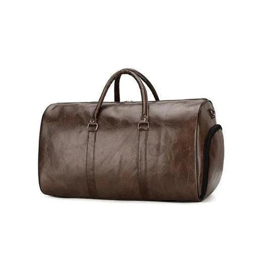Mandotos men's travel bag made of PU leather with shoulder strap, large capacity tote and duffle style, suitable for sports and luggage.