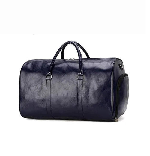 Mandotos travel bag for men and women featuring PU leather, large capacity, shoulder strap, duffle, crossbody style, and sports pack design.