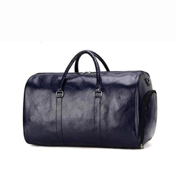Mandotos travel bag for men and women featuring PU leather, large capacity, shoulder strap, duffle, crossbody style, and sports pack design.