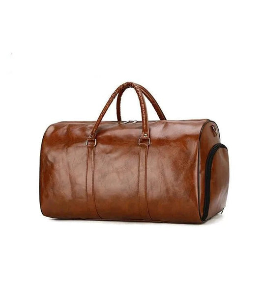 Mandotos travel bag for men and women, large capacity pu leather shoulder bag, duffle style with crossbody strap and sports luggage features.