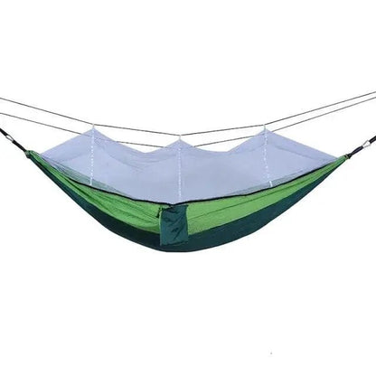 Mandotos Traveler's Mosquito-Free Hammock with mesh netting, lightweight design, ideal for camping and outdoor relaxation.