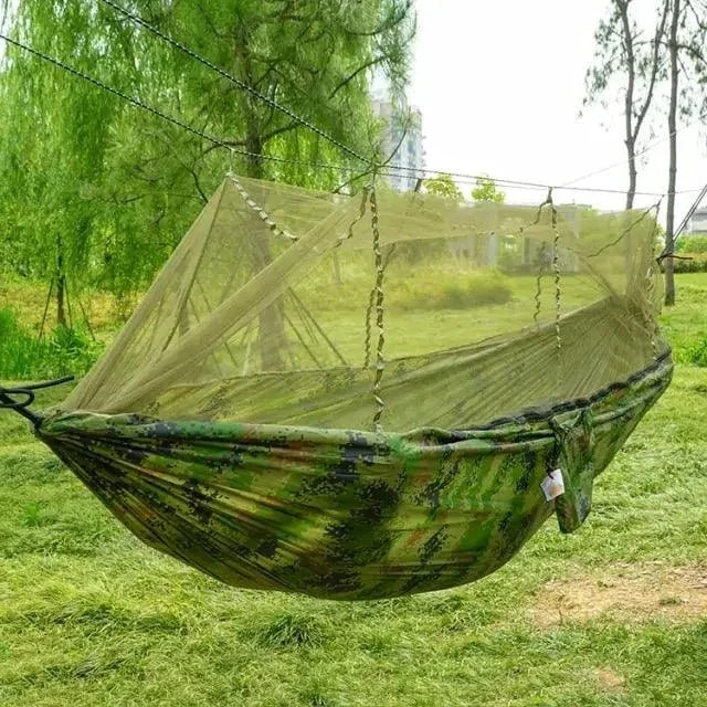 Mandotos Traveler's Mosquito-Free Hammock with mesh sides and durable fabric for outdoor camping and relaxation.