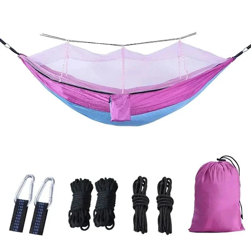 Mandotos Traveler's Mosquito-Free Hammock with net, lightweight and portable for outdoor camping and relaxing in nature.