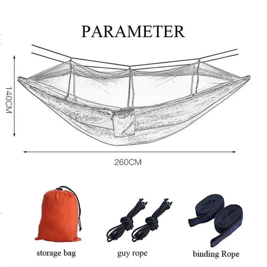 Mandotos Traveler's Mosquito-Free Hammock with mesh sides and durable fabric, perfect for outdoor camping and relaxing in nature.