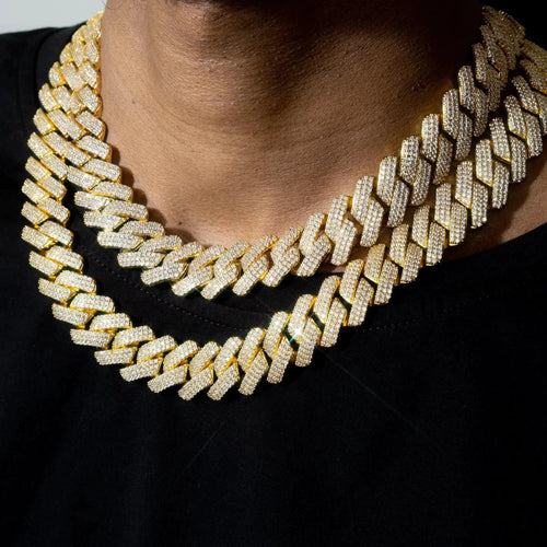 Mandotos triple row diamond gold Cuban chain with interlocking links and sparkling diamond accents.