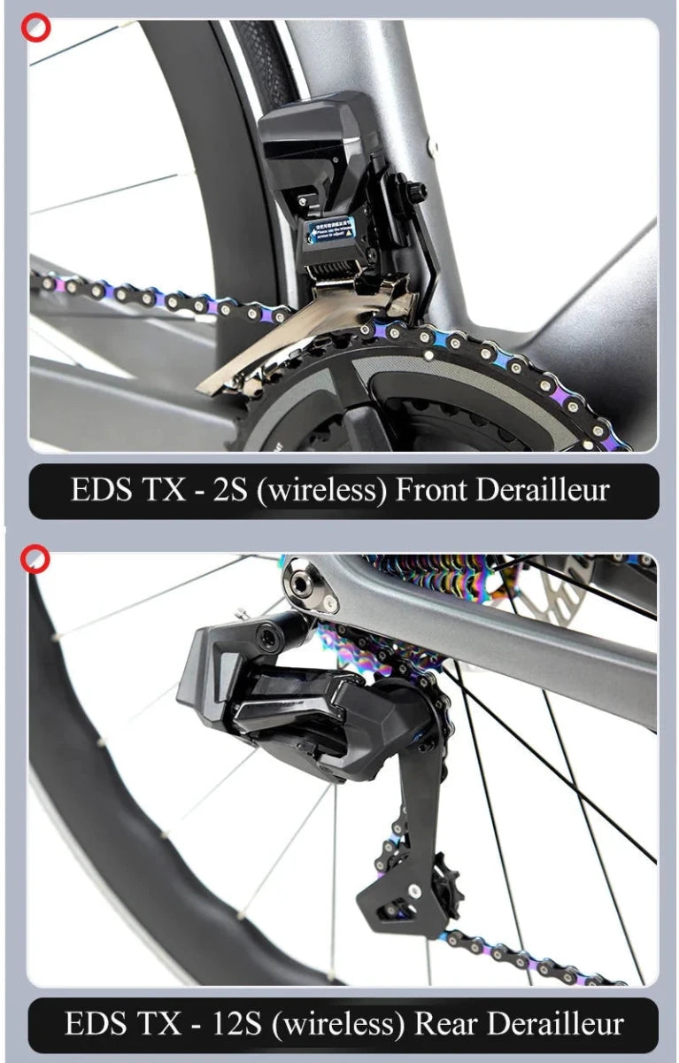 Mandotos Twitter 700x25C carbon road bicycle with wireless hydraulic disc brakes, 50mm carbon wheels, and EDS TX 24S shifter.
