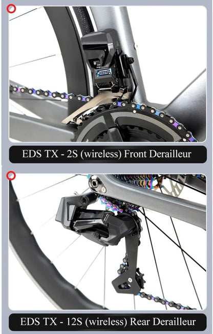 Mandotos Twitter 700x25C carbon road bicycle with wireless hydraulic disc brakes, 50mm carbon wheels, and EDS TX 24S shifter.