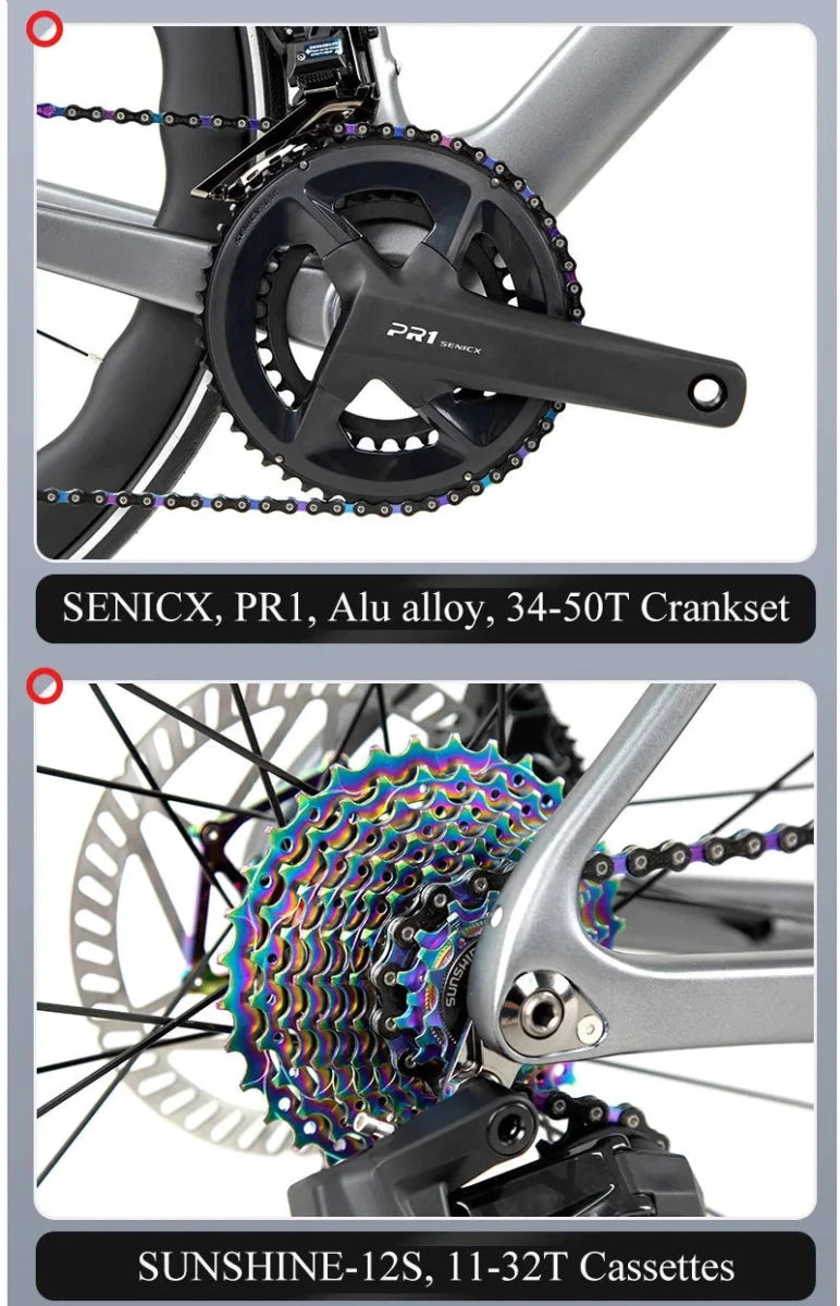 Mandotos Twitter 700x25C carbon road bicycle with hydraulic disc brakes, wireless shifter, 50mm carbon wheels, and racing design