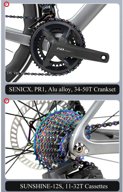 Mandotos Twitter 700x25C carbon road bicycle with hydraulic disc brakes, wireless shifter, 50mm carbon wheels, and racing design