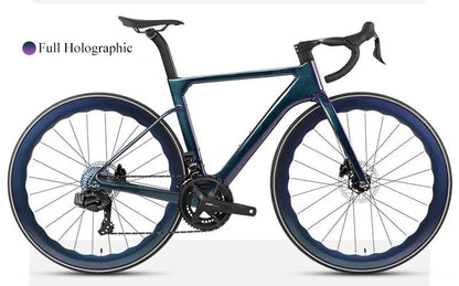 Mandotos Twitter 700x25c carbon road bicycle with hydraulic disc brakes, 50mm carbon wheels, wireless shifter, and racing design.