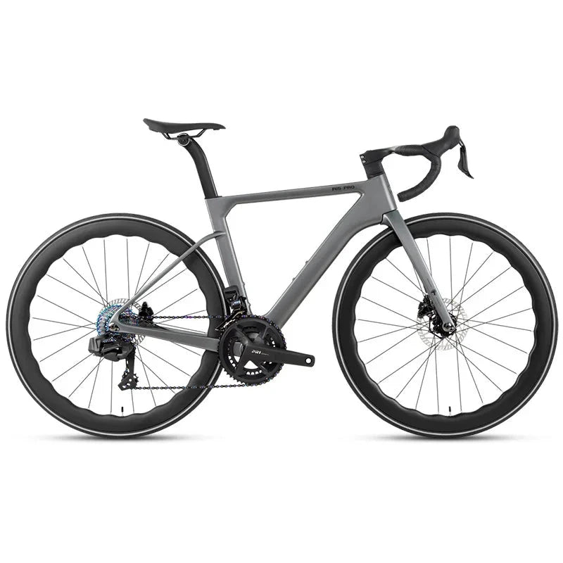 Mandotos Twitter 700x25c carbon road bicycle with hydraulic disc brakes, wireless shifting, 50mm carbon wheels, and EDS TX 24S shifter.