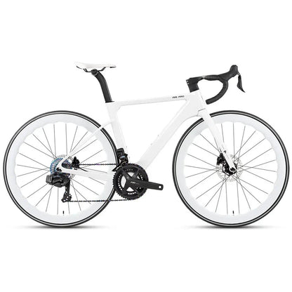 Mandotos Twitter 700x25C carbon road bicycle with hydraulic disc brakes, wireless shifter, 50mm carbon wheels, and racing design.