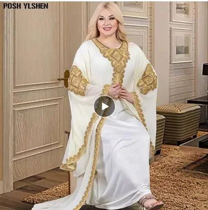 Mandotos two-piece gold kaftan abaya dress with intricate detailing, flowing fabric, and elegant design for stylish wear.